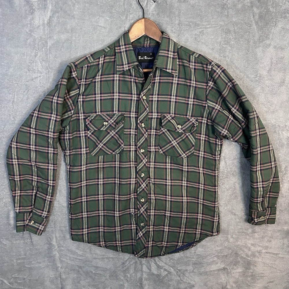Bud Berma Quilted Flannel Shirt Jacket Green‎ Plaid Size M Vintage Workwear